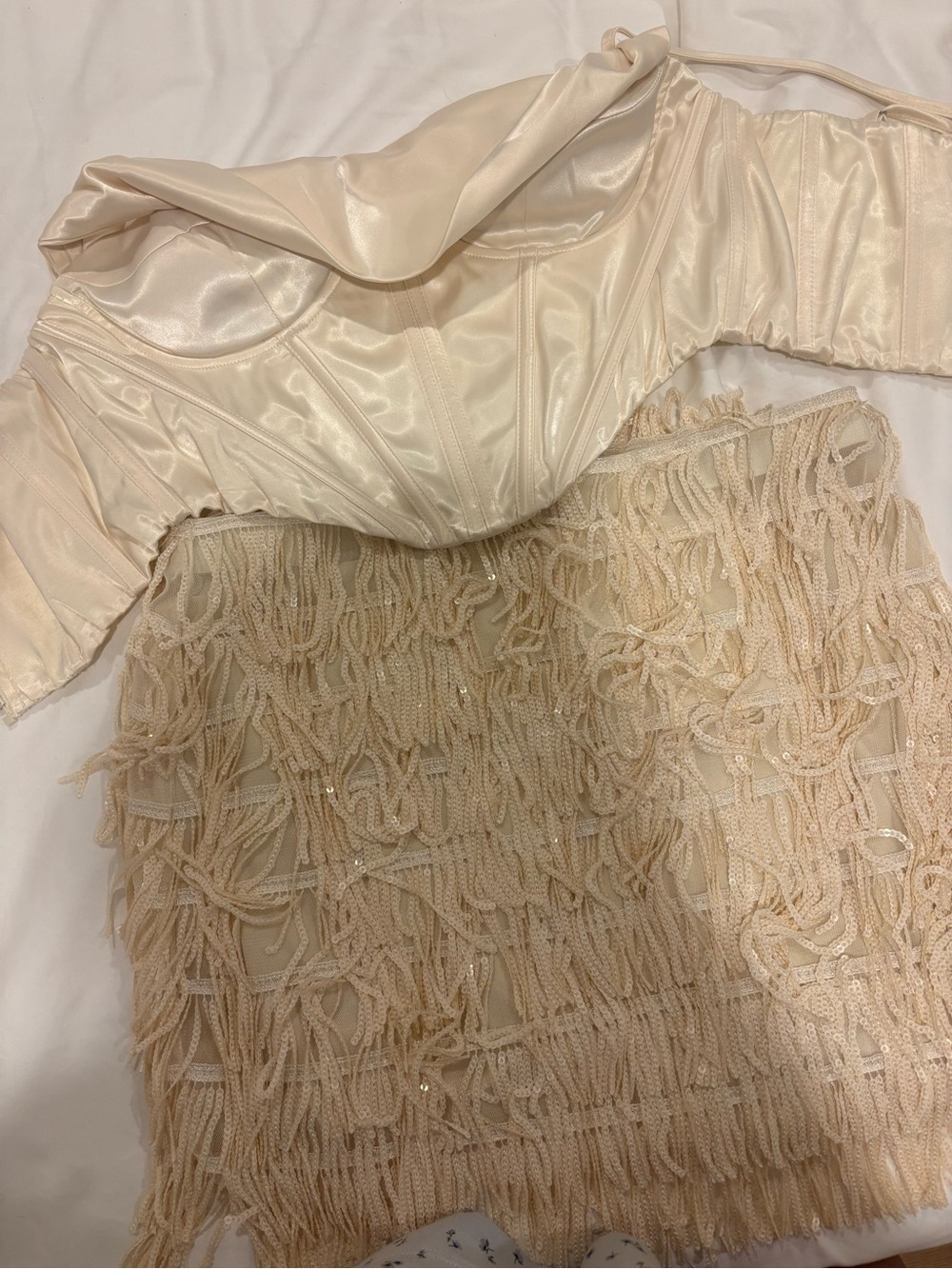 Satin Corset Top with Fringe Beaded Skirt - Cream